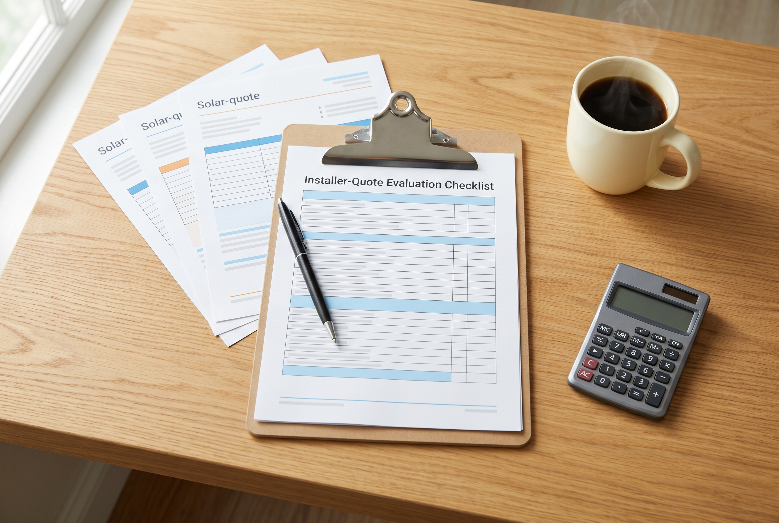 Overhead view of a quote-evaluation checklist on a clipboard beside coffee and a calculator