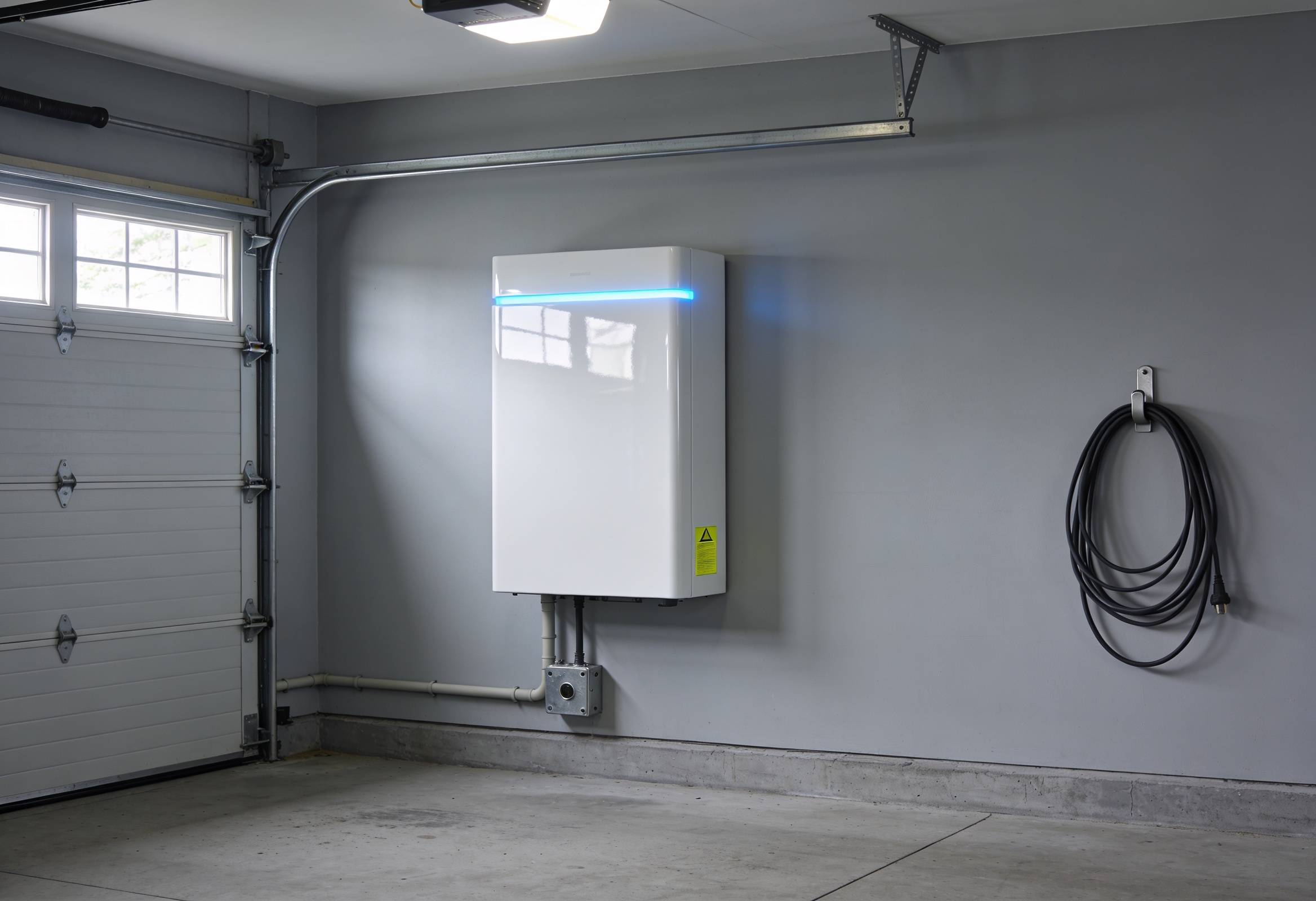 White wall-mounted home battery storage unit installed in a clean garage