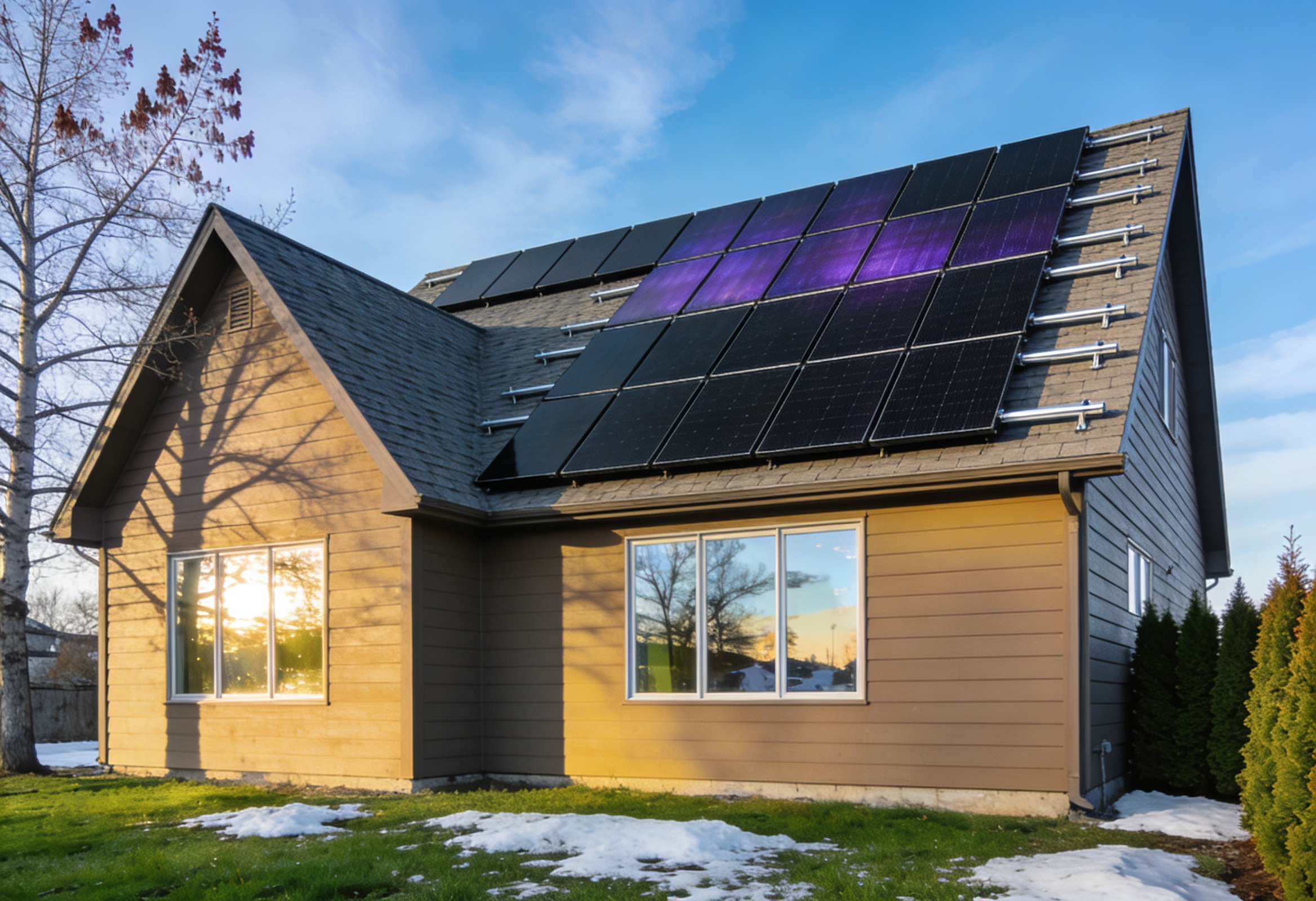 Modern Canadian home with two rows of black solar panels on a clear spring morning