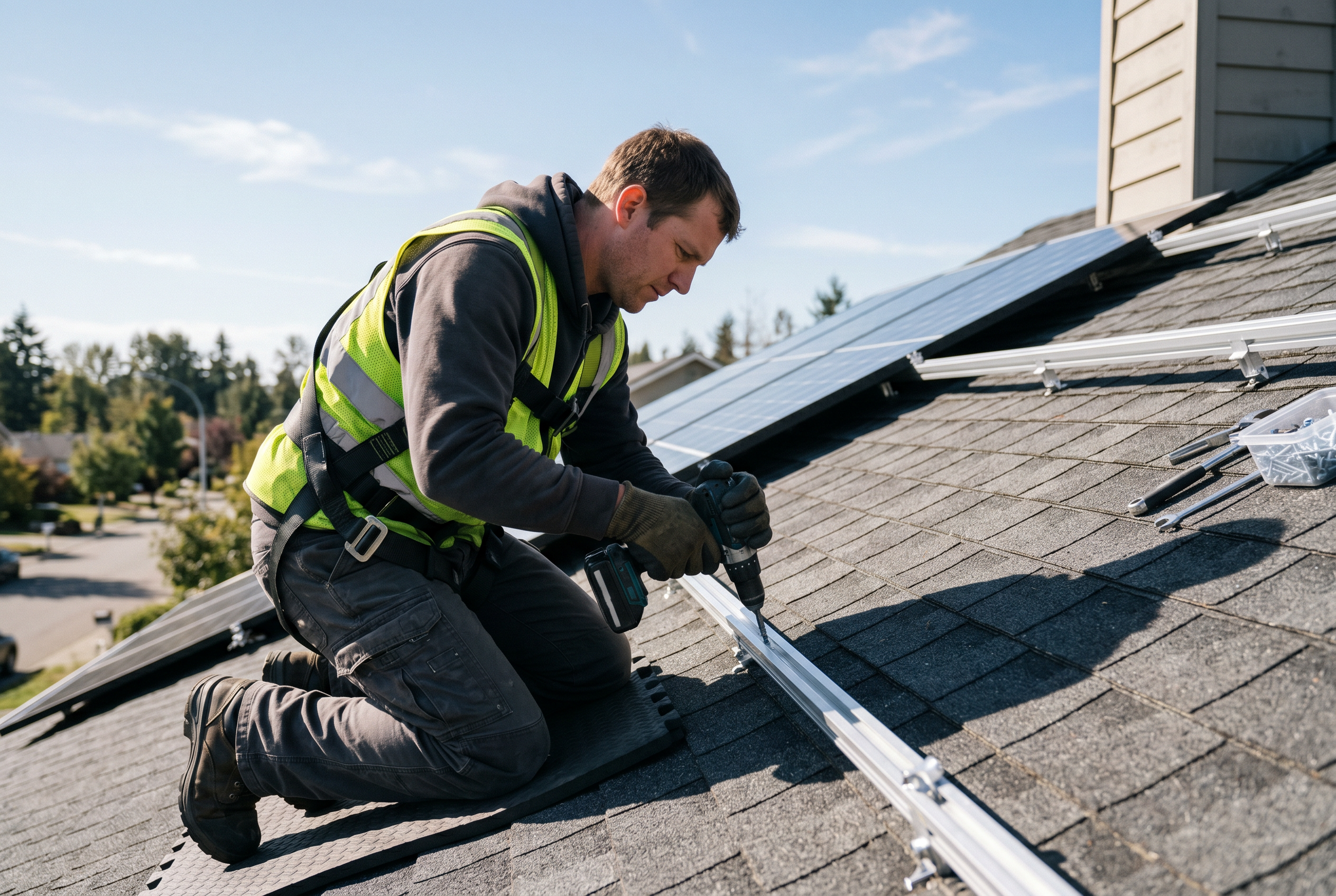 Solar installer in a hi-vis vest fastening mounting rails on a sloped roof