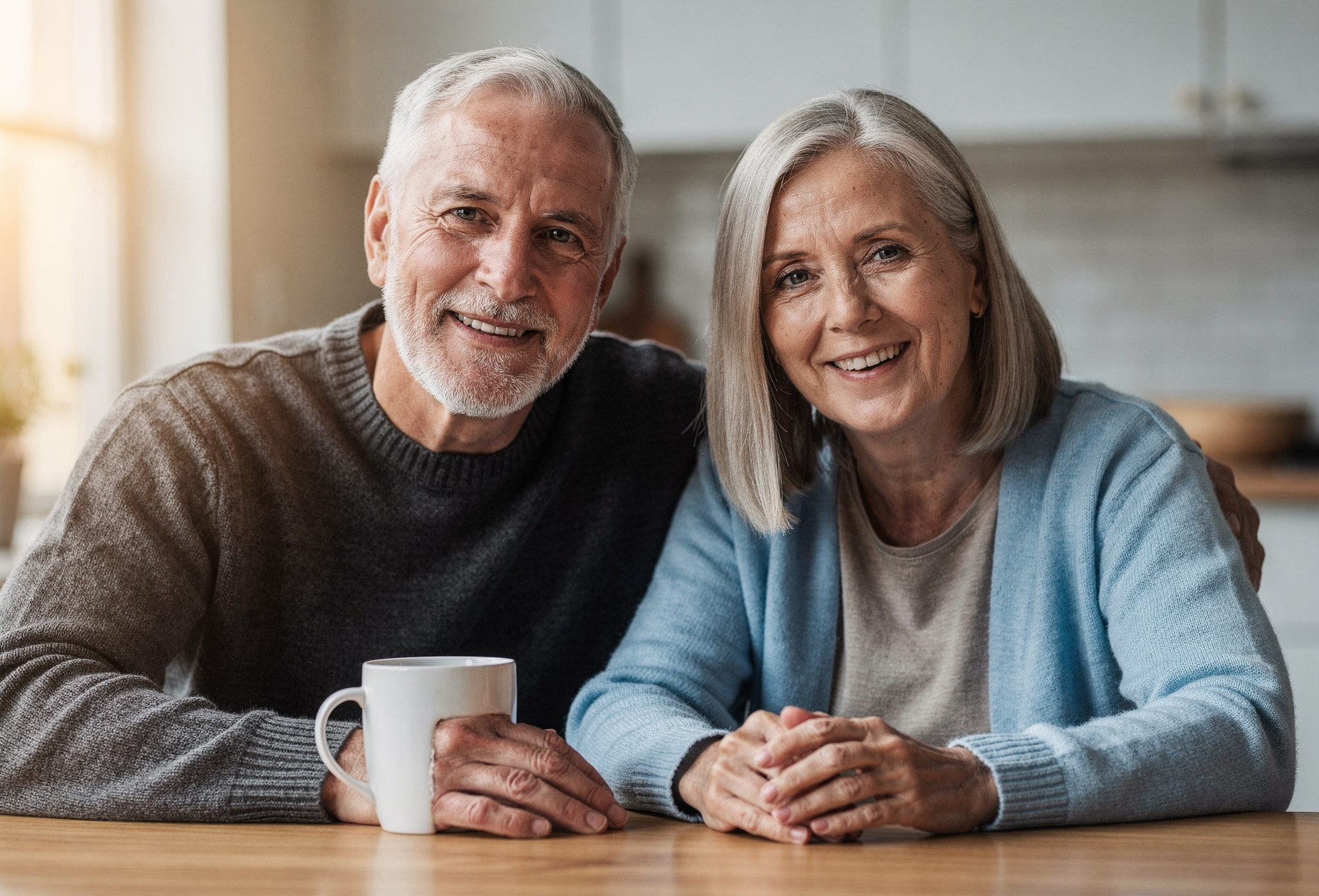 Retired couple in their late sixties sitting together at a sunlit kitchen table
